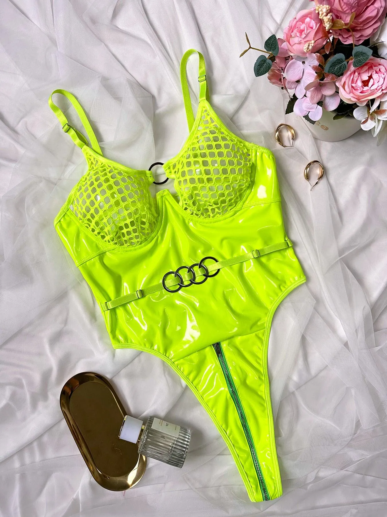 Edgy Cutout Mesh Lingerie Bodysuit with Zipper