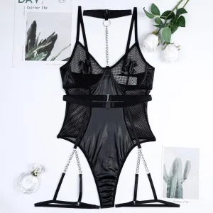 Edgy Faux Leather Lingerie Bodysuit with Chain Details