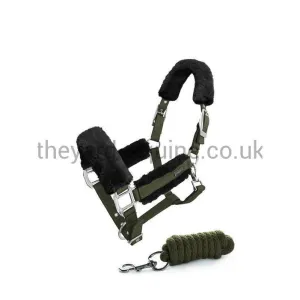 Equestrian Stockholm Fluffy Headcollar and Leadrope Set - Deep Olivine