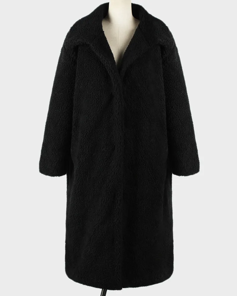 Faux Fur Plush Coat Lapel Collar Open Front Teddy Coat