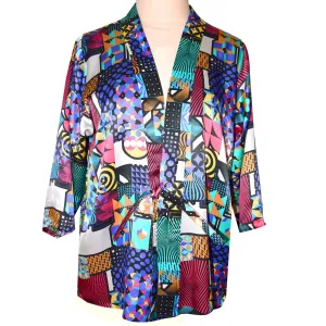 Gorgeous Silk Charmeuse Kimono Jacket in Geometric Printed Multicolor Pattern