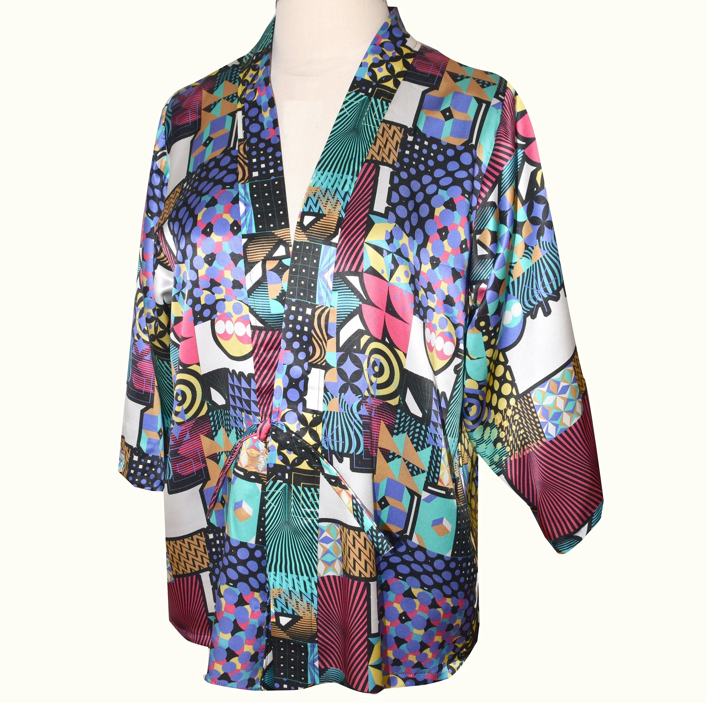 Gorgeous Silk Charmeuse Kimono Jacket in Geometric Printed Multicolor Pattern