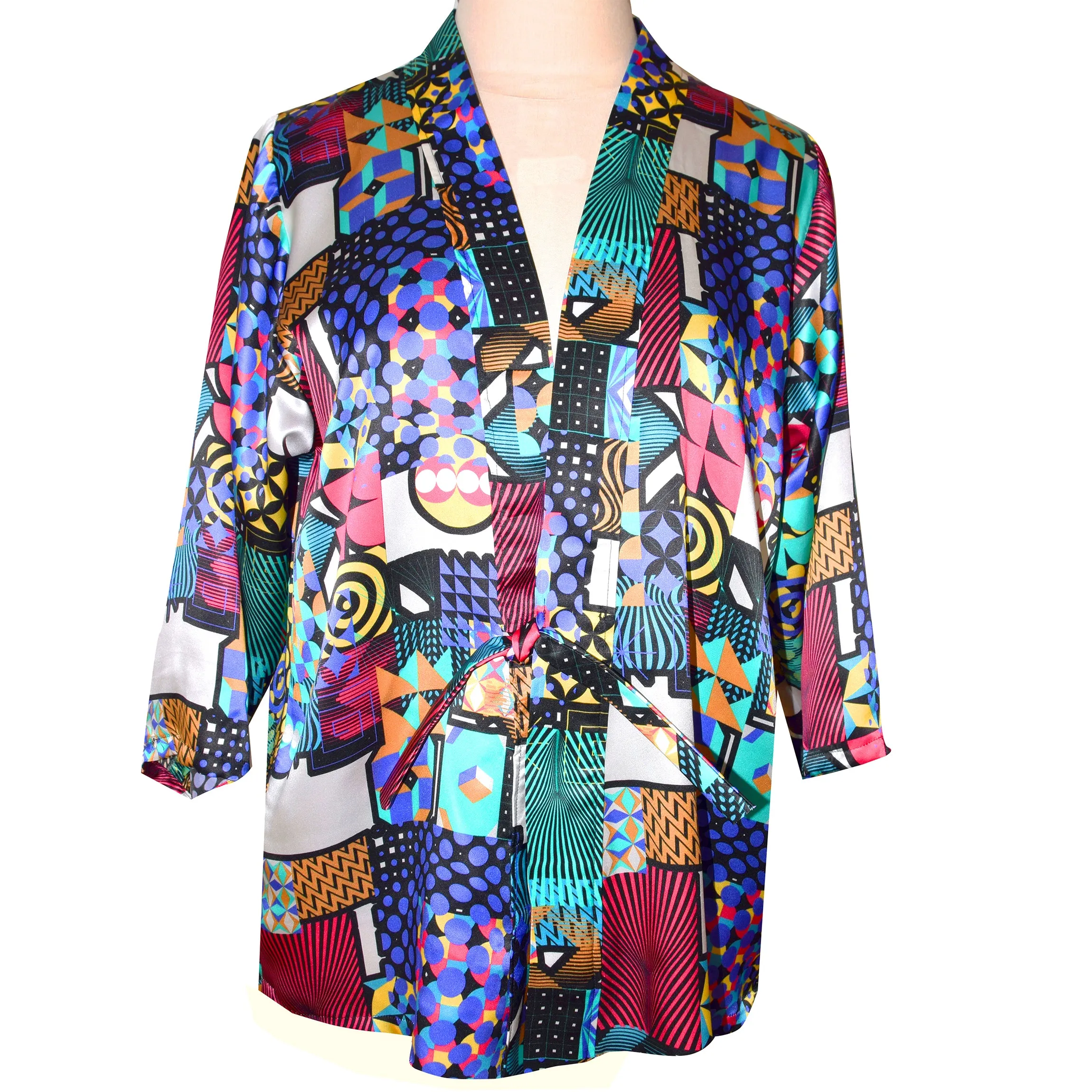 Gorgeous Silk Charmeuse Kimono Jacket in Geometric Printed Multicolor Pattern