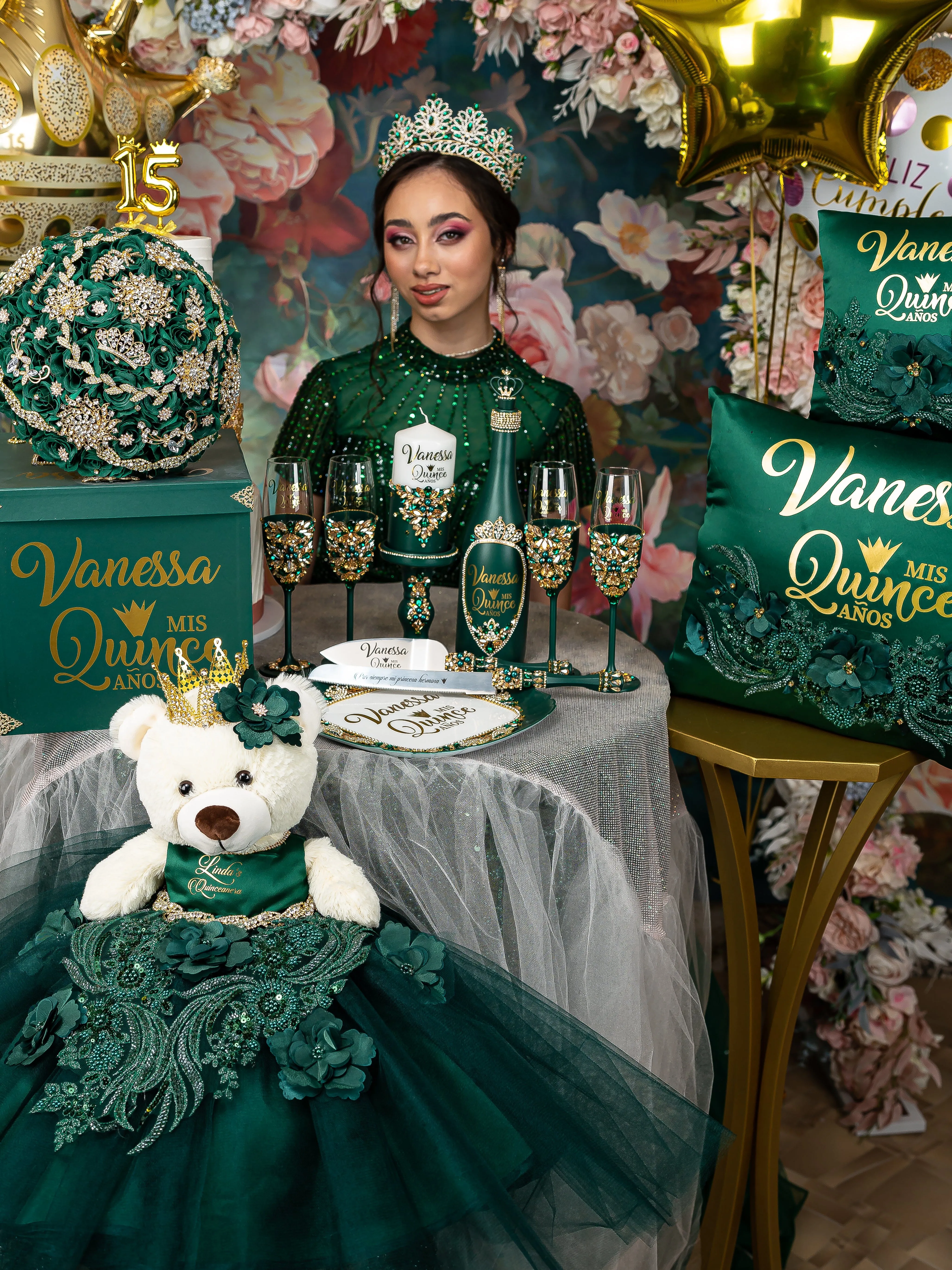 Green with flowers last teddy bear for quinceanera