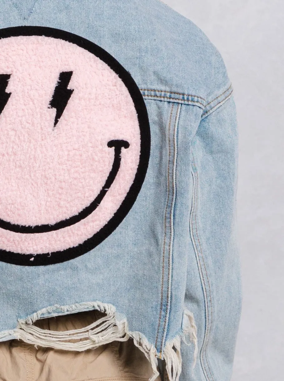 HAVE A NICE DAY pink smiley Crop Denim Jacket