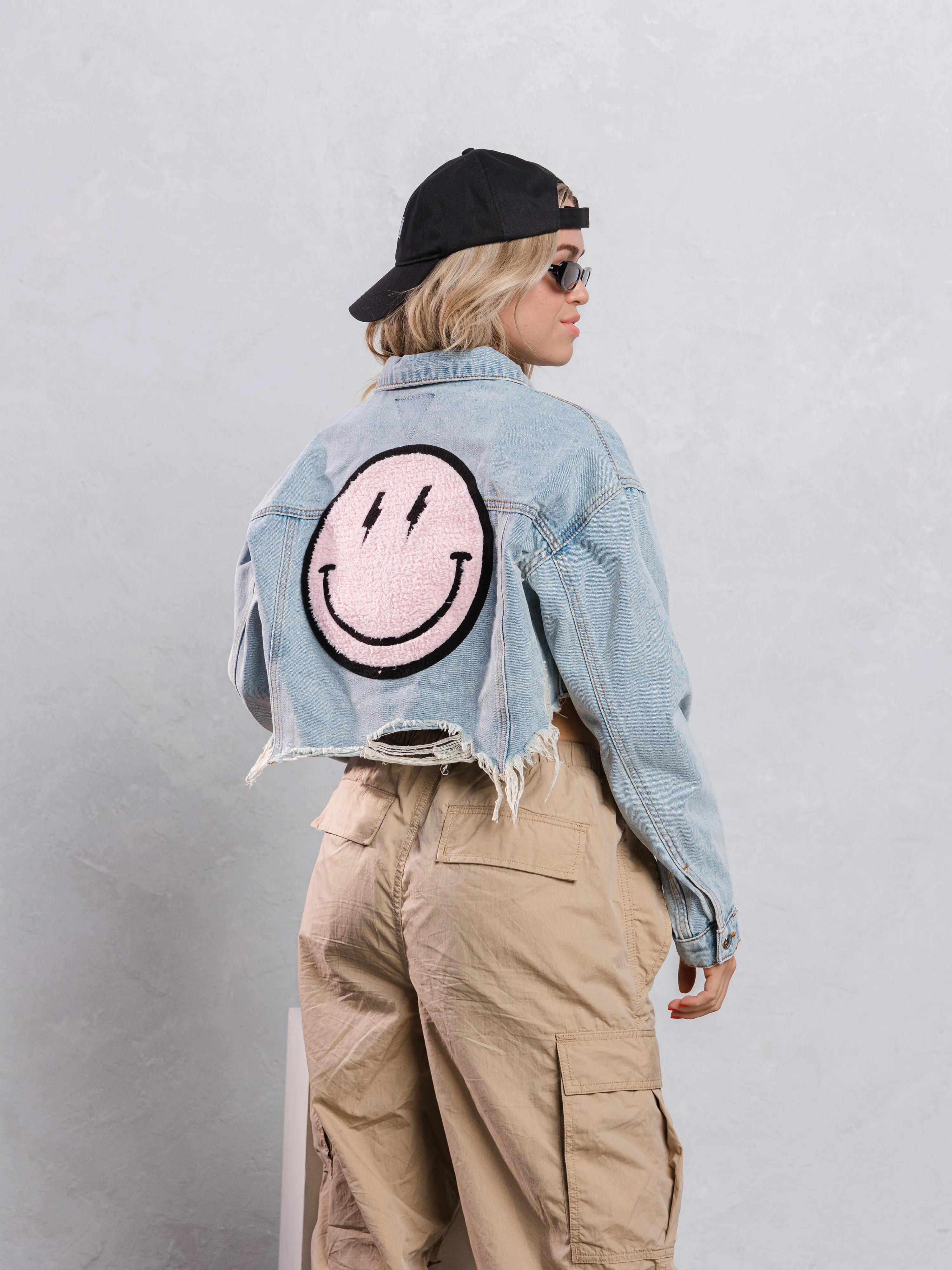 HAVE A NICE DAY pink smiley Crop Denim Jacket