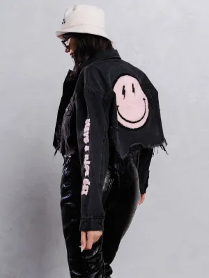 HAVE A NICE DAY pink smiley Crop Denim Jacket