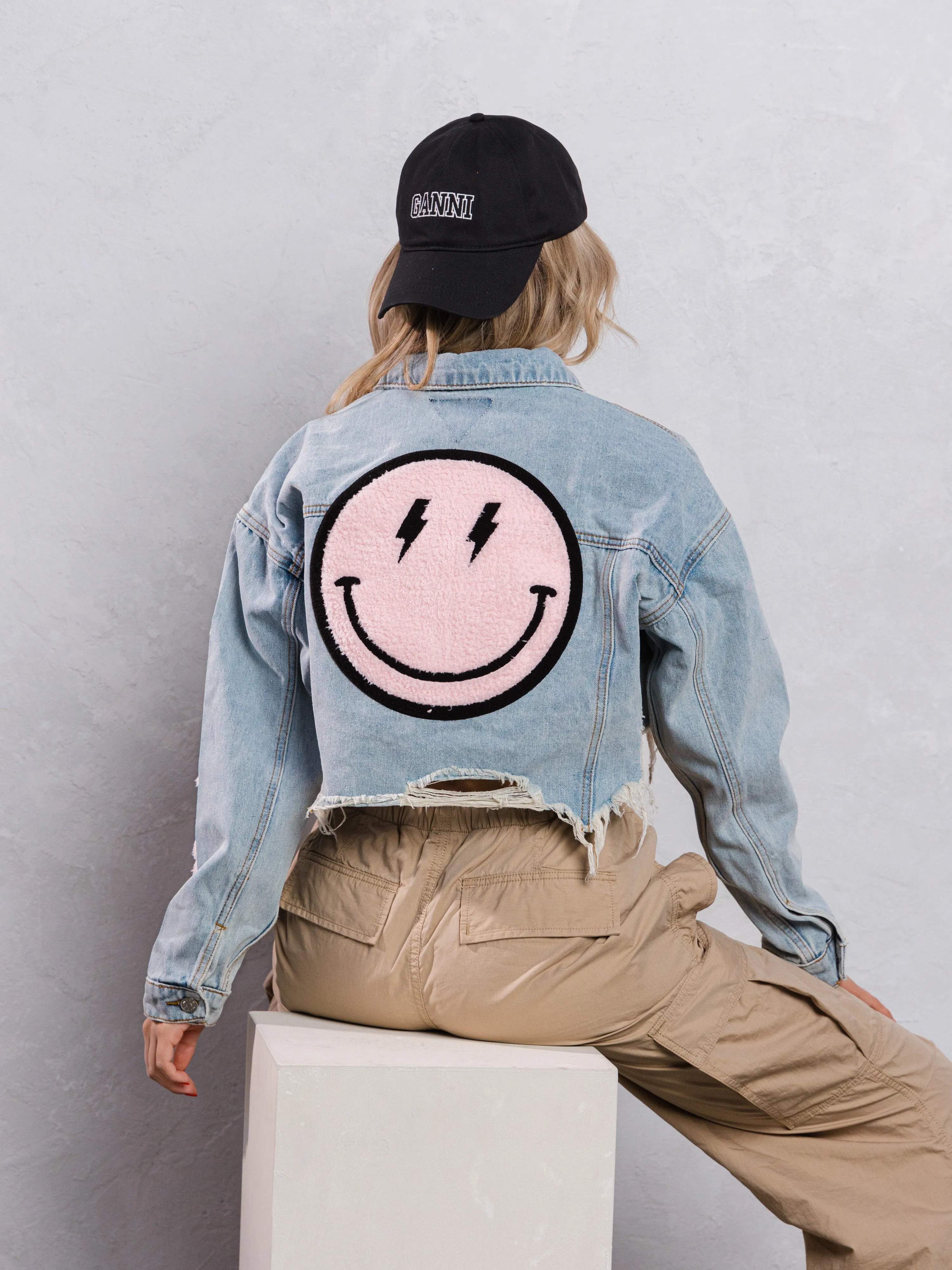 HAVE A NICE DAY pink smiley Crop Denim Jacket