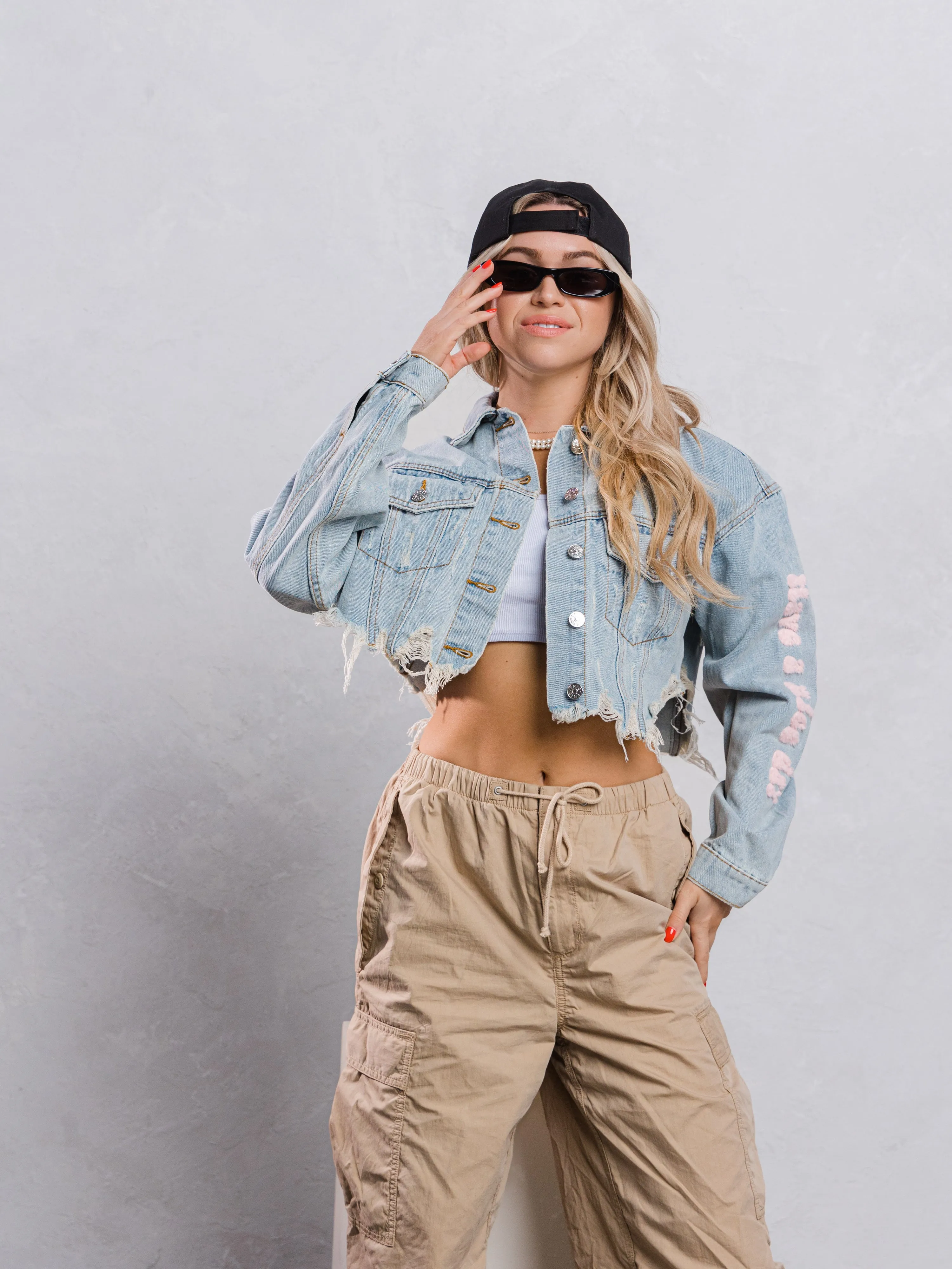 HAVE A NICE DAY pink smiley Crop Denim Jacket