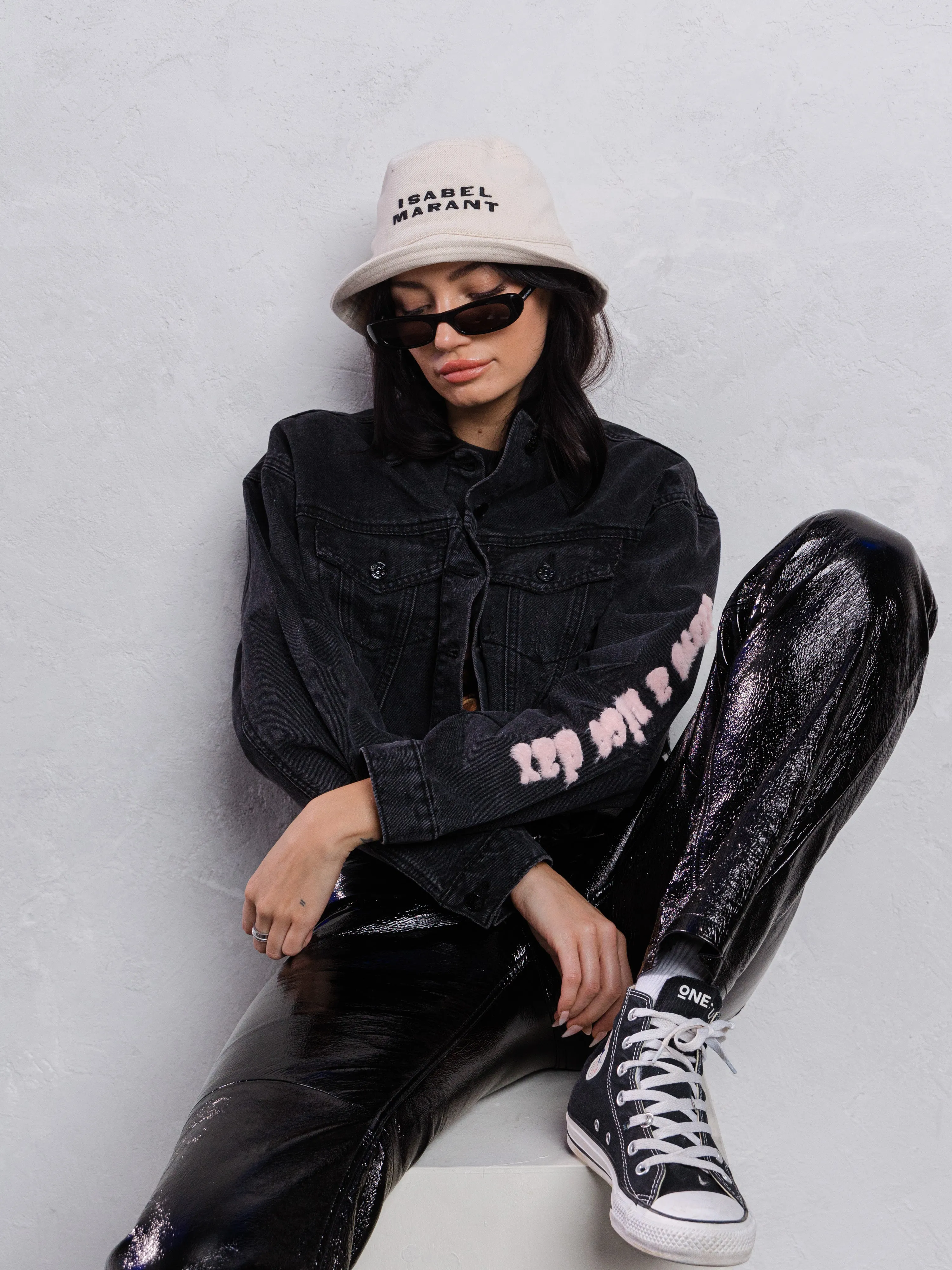 HAVE A NICE DAY pink smiley Crop Denim Jacket