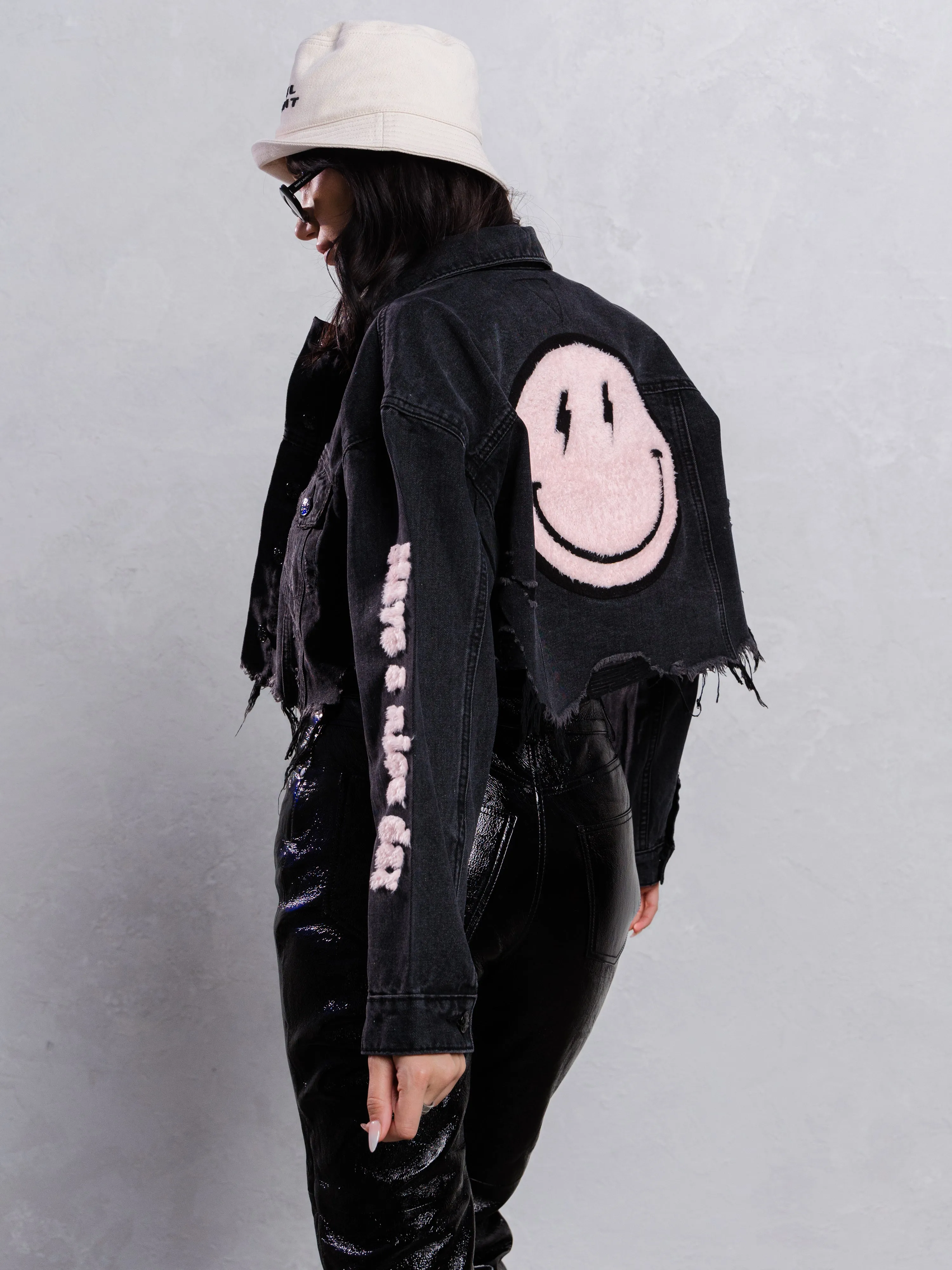 HAVE A NICE DAY pink smiley Crop Denim Jacket