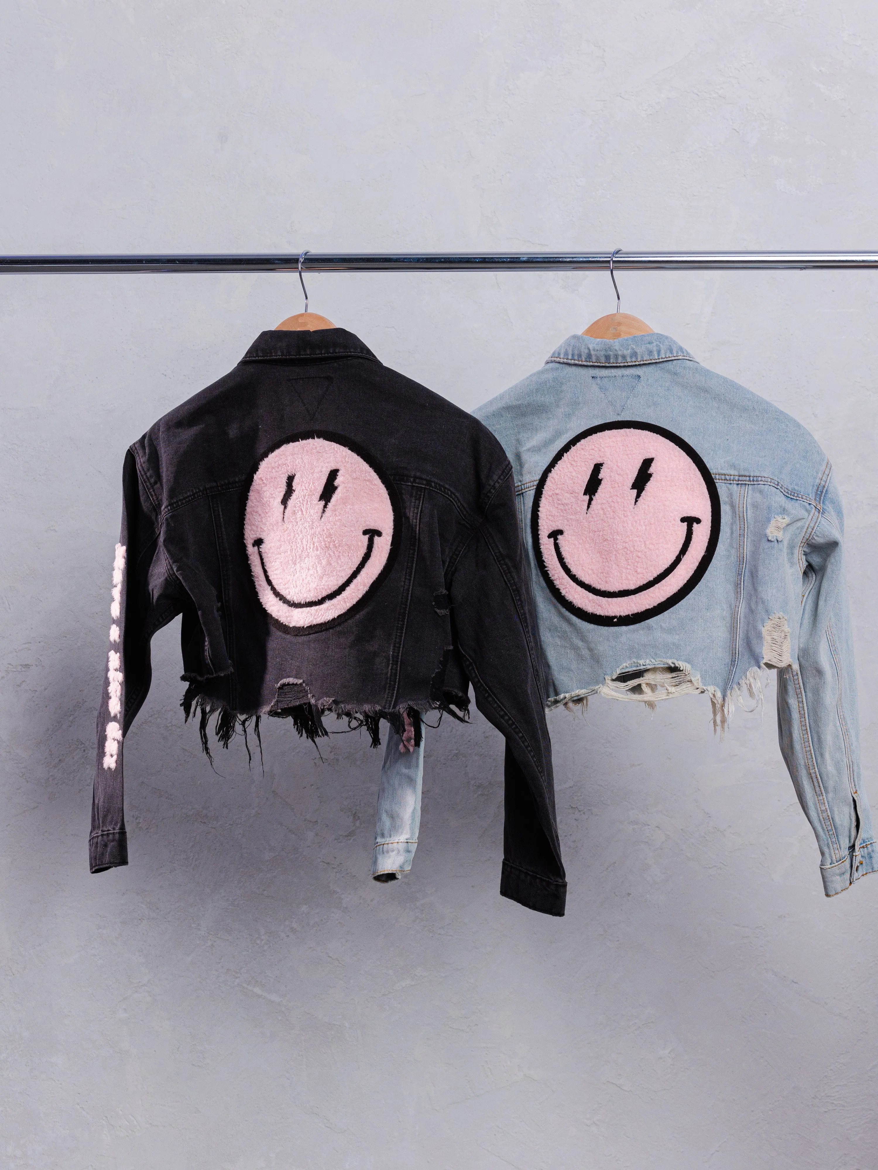 HAVE A NICE DAY pink smiley Crop Denim Jacket