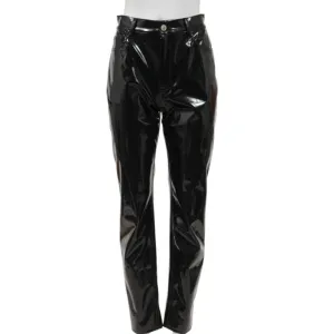 High Waist Straight Leg Pants Black Vinyl  Trousers