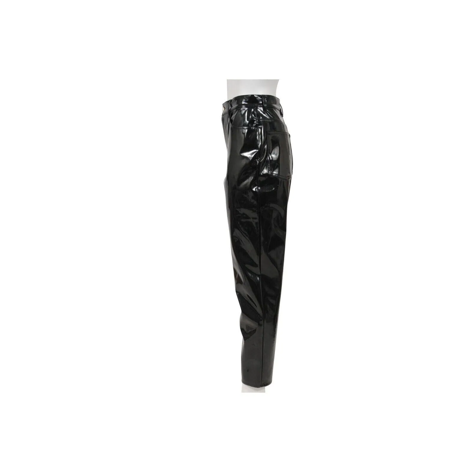 High Waist Straight Leg Pants Black Vinyl  Trousers