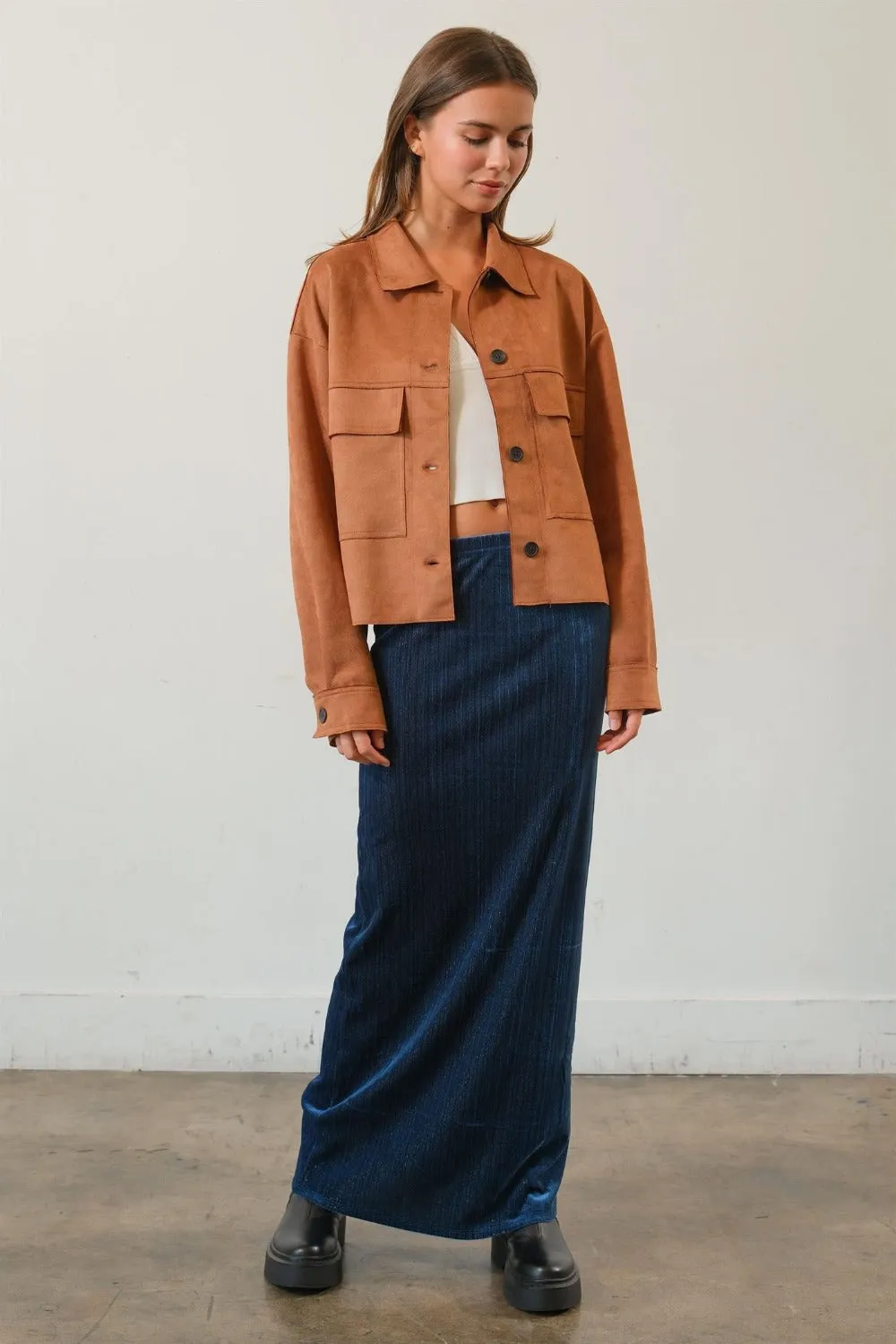 HYFVE Faux Suede Button Down Cropped Jacket