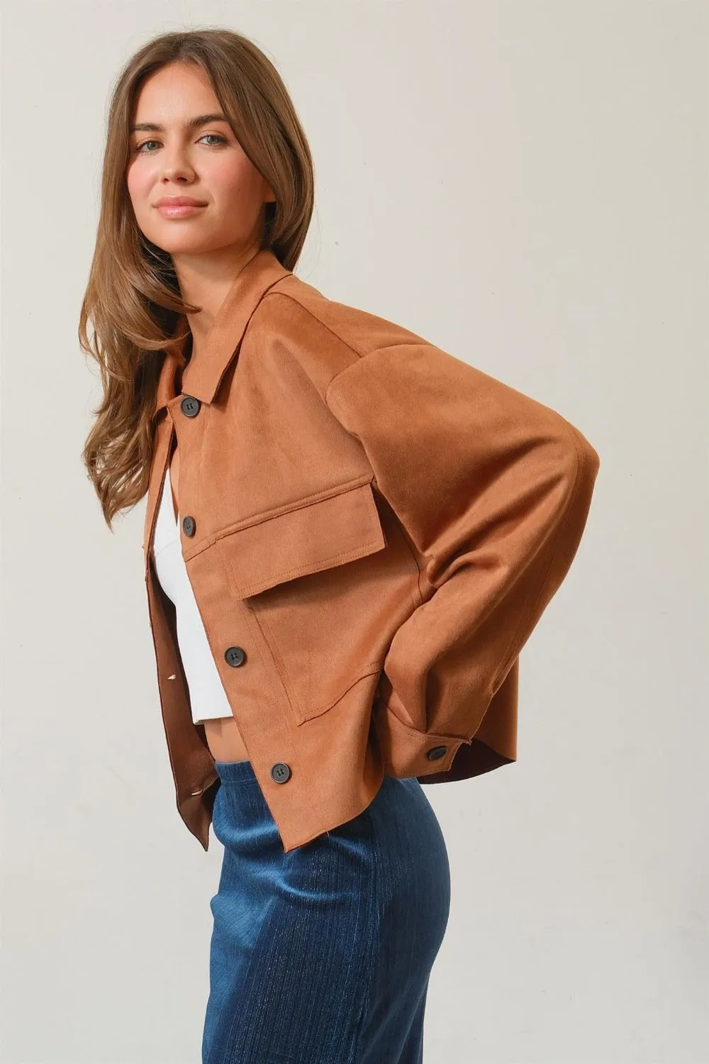 HYFVE Faux Suede Button Down Cropped Jacket