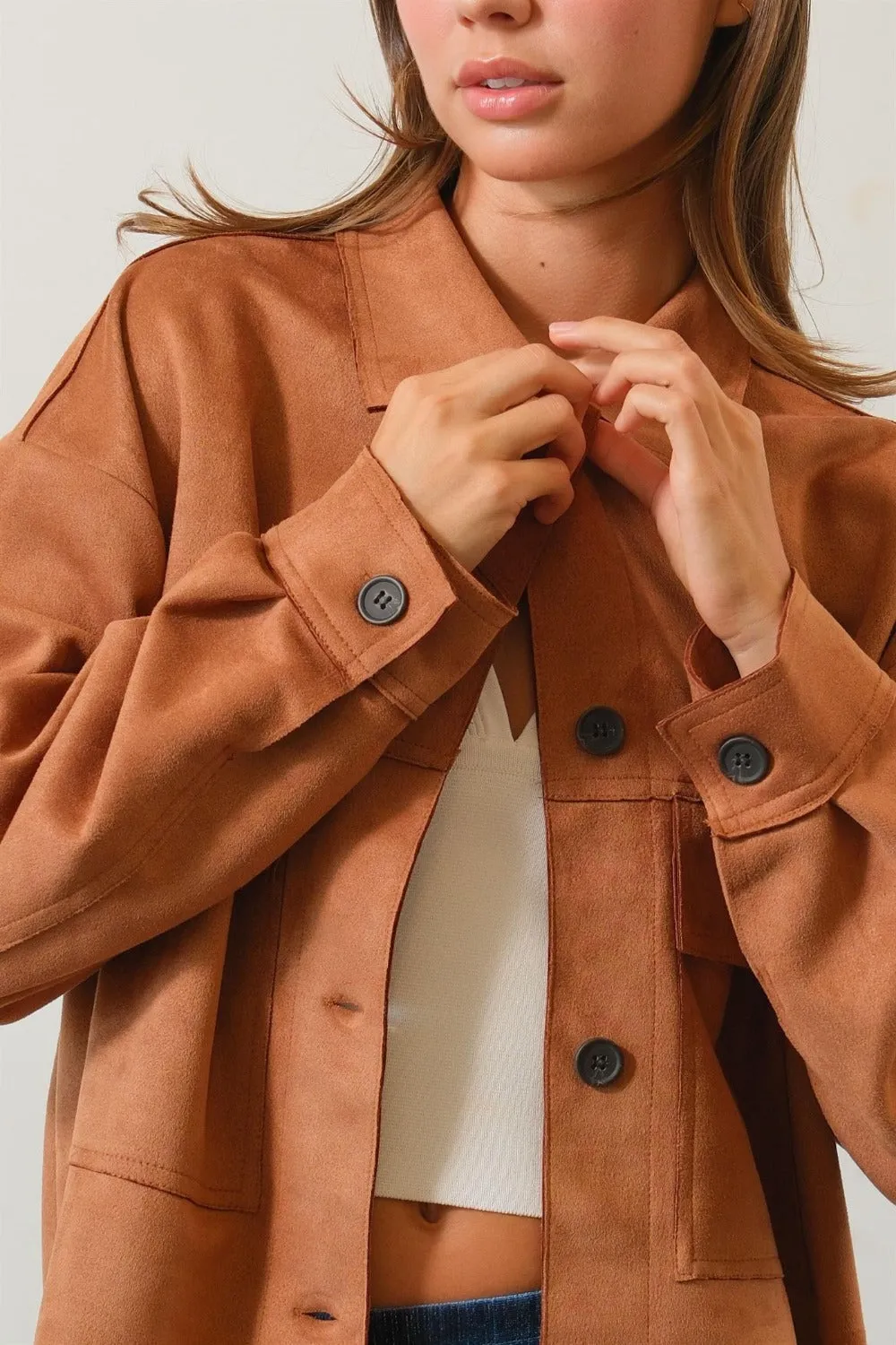 HYFVE Faux Suede Button Down Cropped Jacket