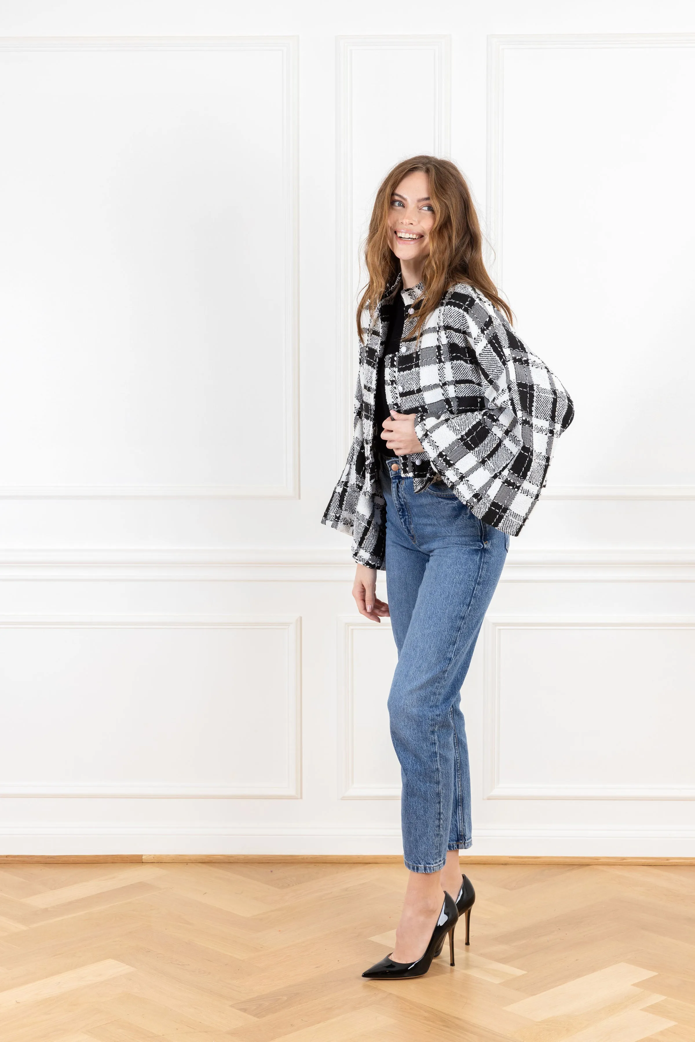 Icy Black Textured Plaid Cropped Jacket
