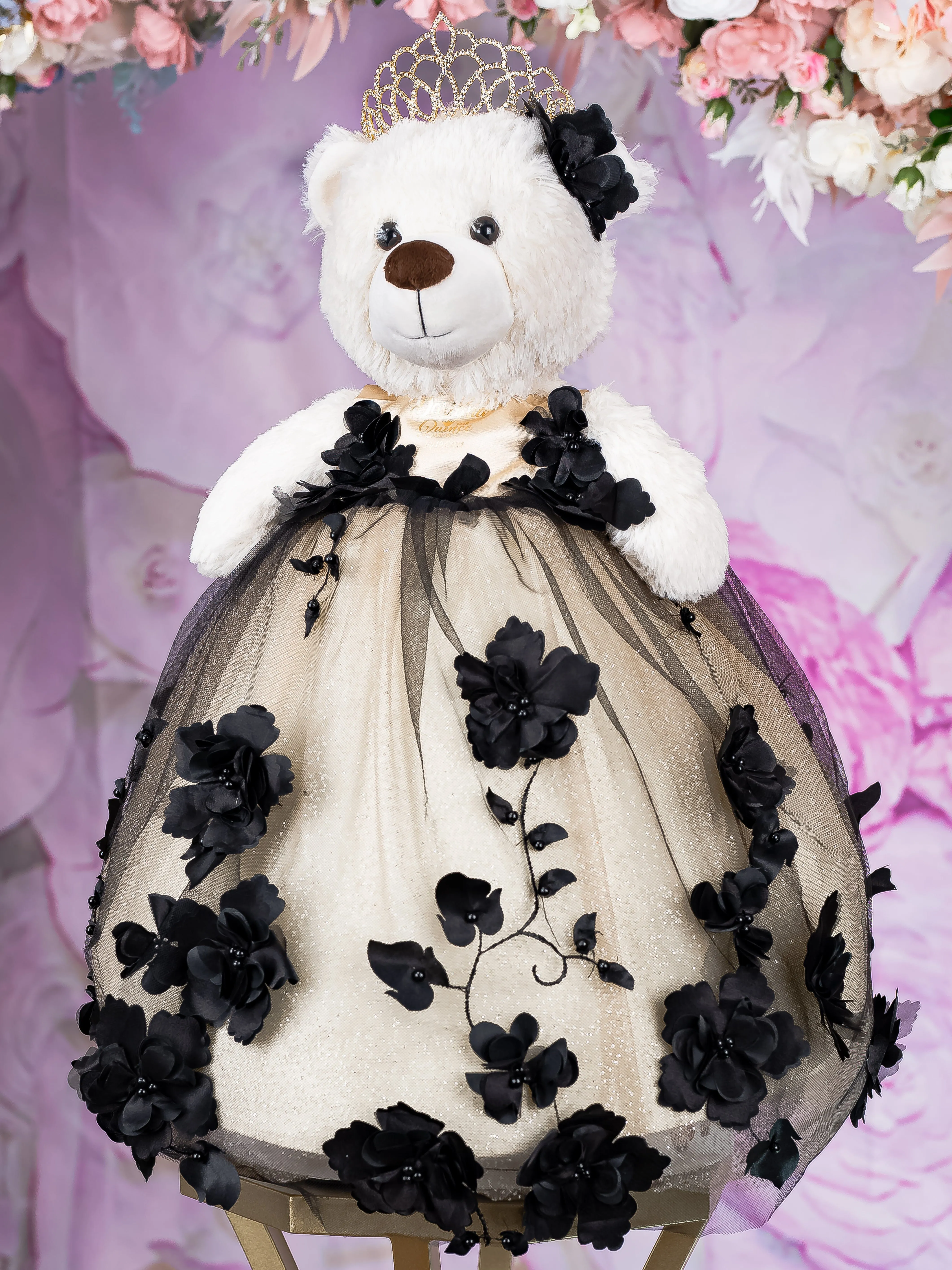 Ivory Black 3d flowers Last Teddy Bear for Quinceanera