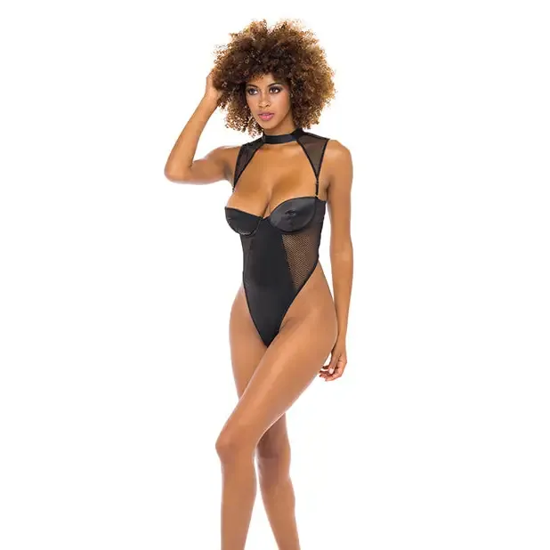 Josephine High Leg Teddy W/removable Fishnet Collared Harness Black