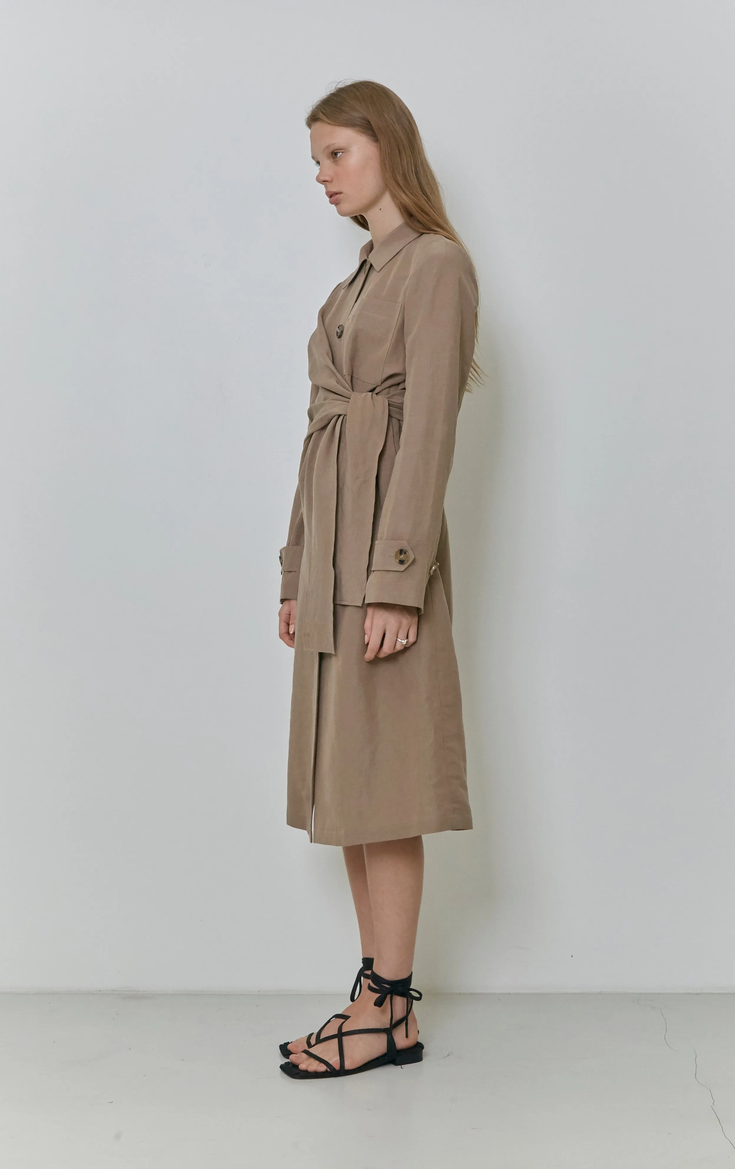 Knotted detail tencel and linen-blend coat
