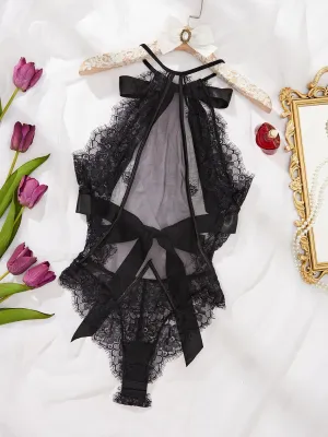 Lace Backless Bodysuit with Bow Detail