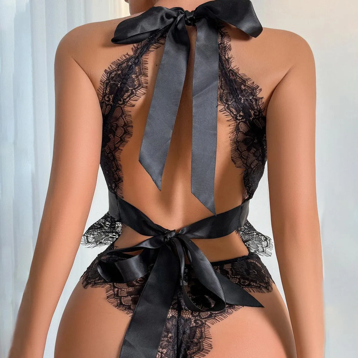 Lace Backless Bodysuit with Bow Detail