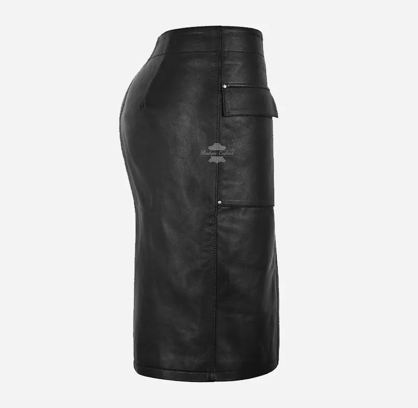 Ladies Pencil Skirt Black Leather Formal Party Utility Skirt