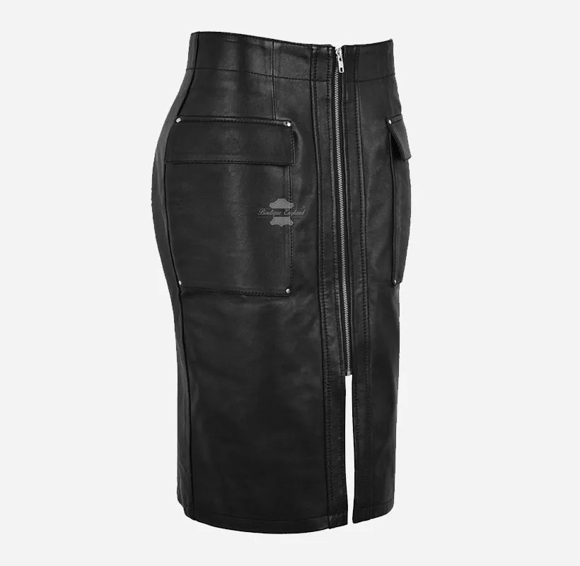 Ladies Pencil Skirt Black Leather Formal Party Utility Skirt
