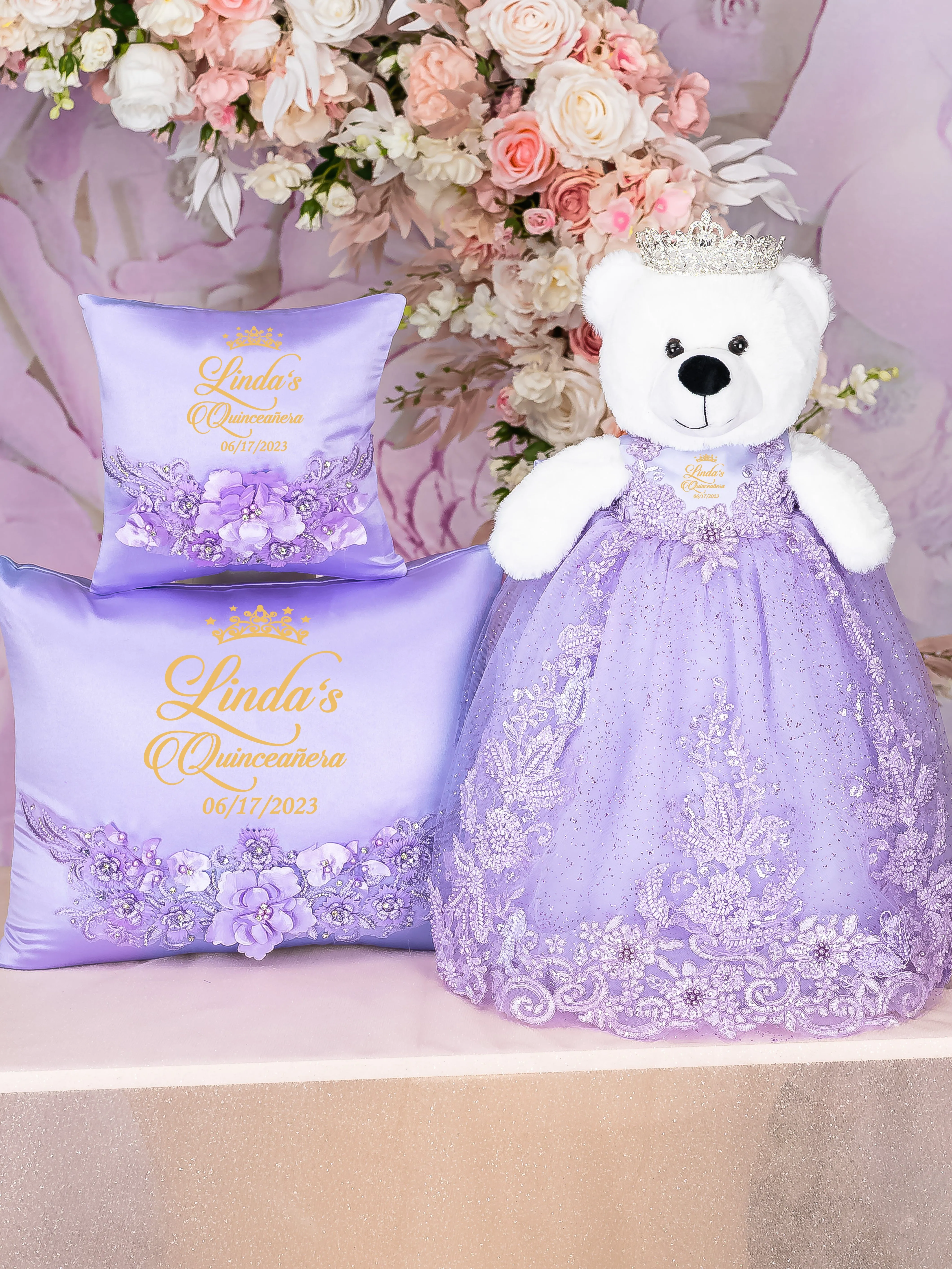 Lavender Quinceanera pillows set and teddy bear