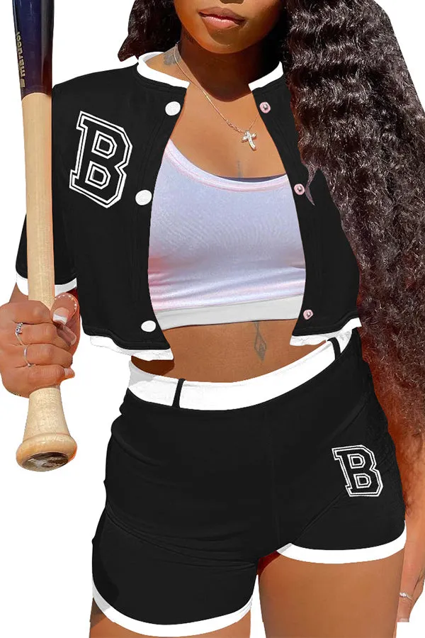 MB FASHION Cropped Varsity Jacket and High-Waisted Shorts Set 2122LY