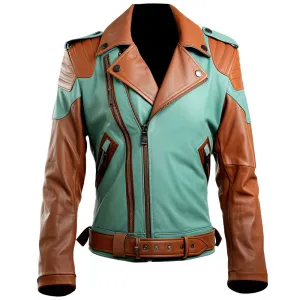 Men's Green Brown YKK Zipper Genuine Lambskin Biker Leather jacket