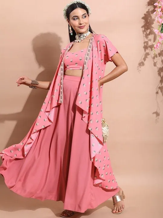Pink & Green Floral Printed Ethnic Top with Skirt and Jacket Set