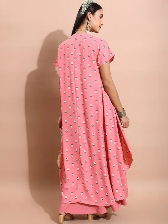 Pink & Green Floral Printed Ethnic Top with Skirt and Jacket Set