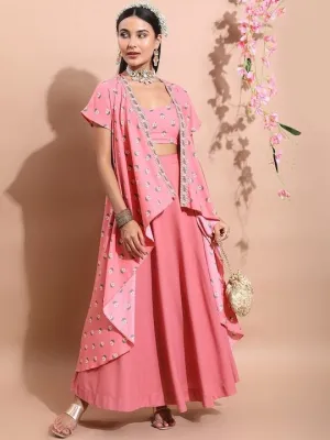 Pink & Green Floral Printed Ethnic Top with Skirt and Jacket Set