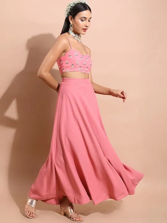 Pink & Green Floral Printed Ethnic Top with Skirt and Jacket Set
