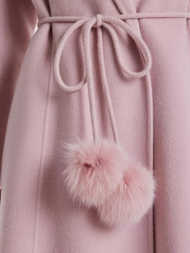 Pink Tencel Wool Double-Faced Lapel Coat With Belt