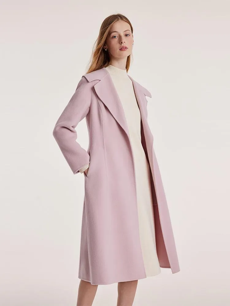 Pink Tencel Wool Double-Faced Lapel Coat With Belt
