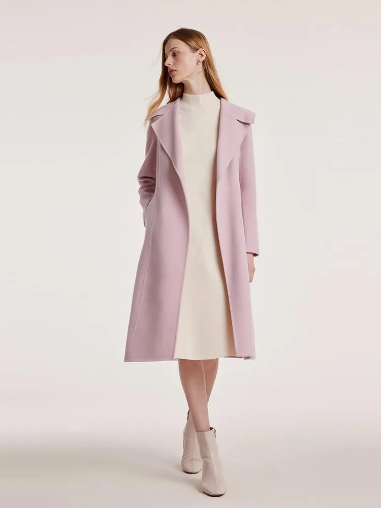 Pink Tencel Wool Double-Faced Lapel Coat With Belt