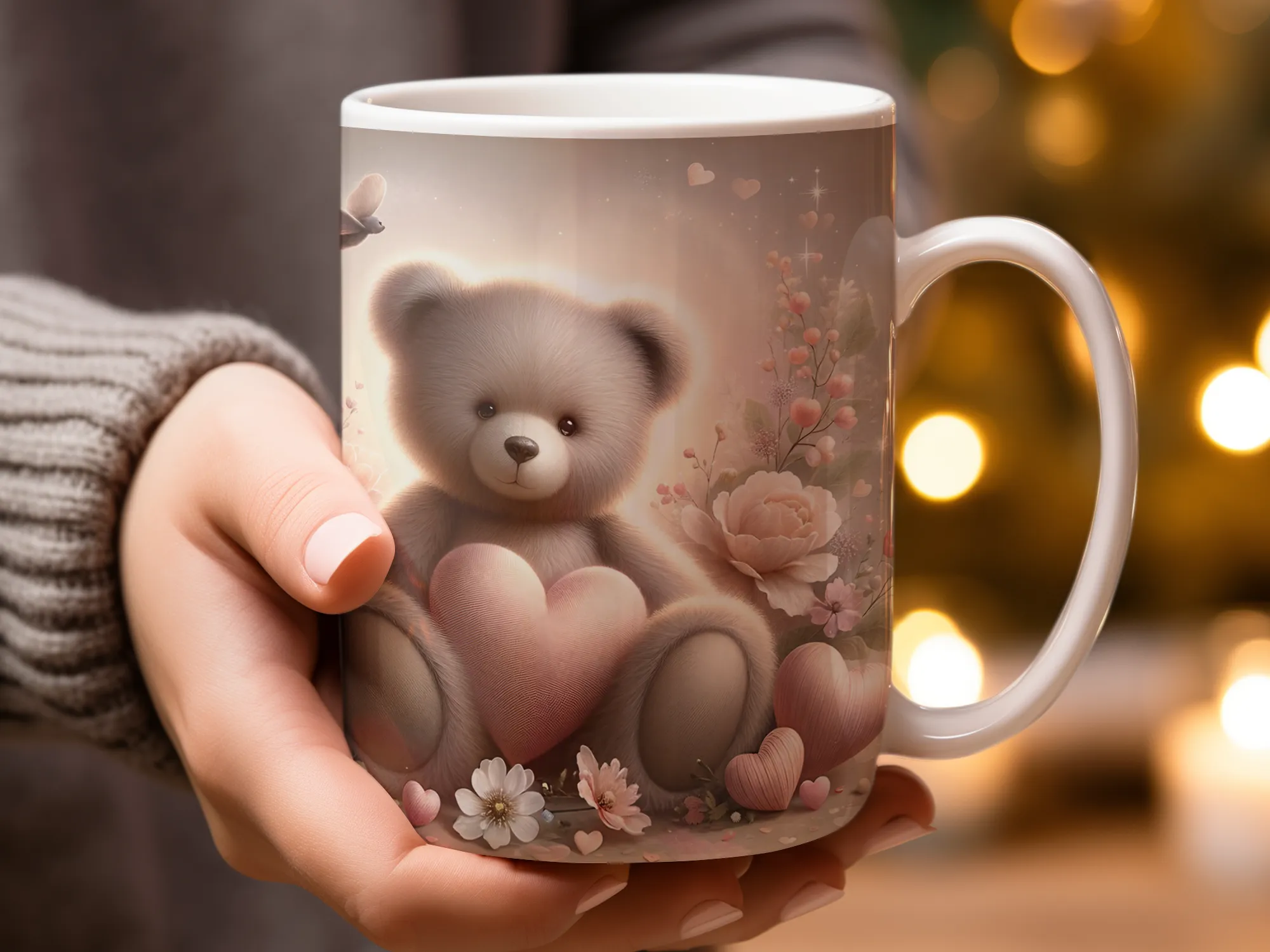 Pink Valentine's Day Teddy Bear Mug, Personalized Valentine's Day Gift for Her, Cute Coffee Mug, Pink Bear Cup, Gift for Girlfriend