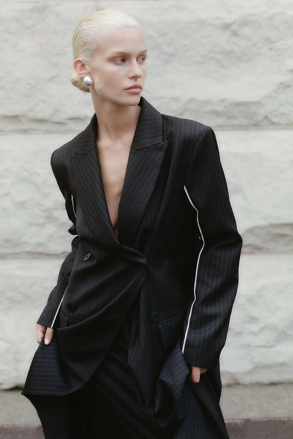 Pinstripe Maxi Coat - Black