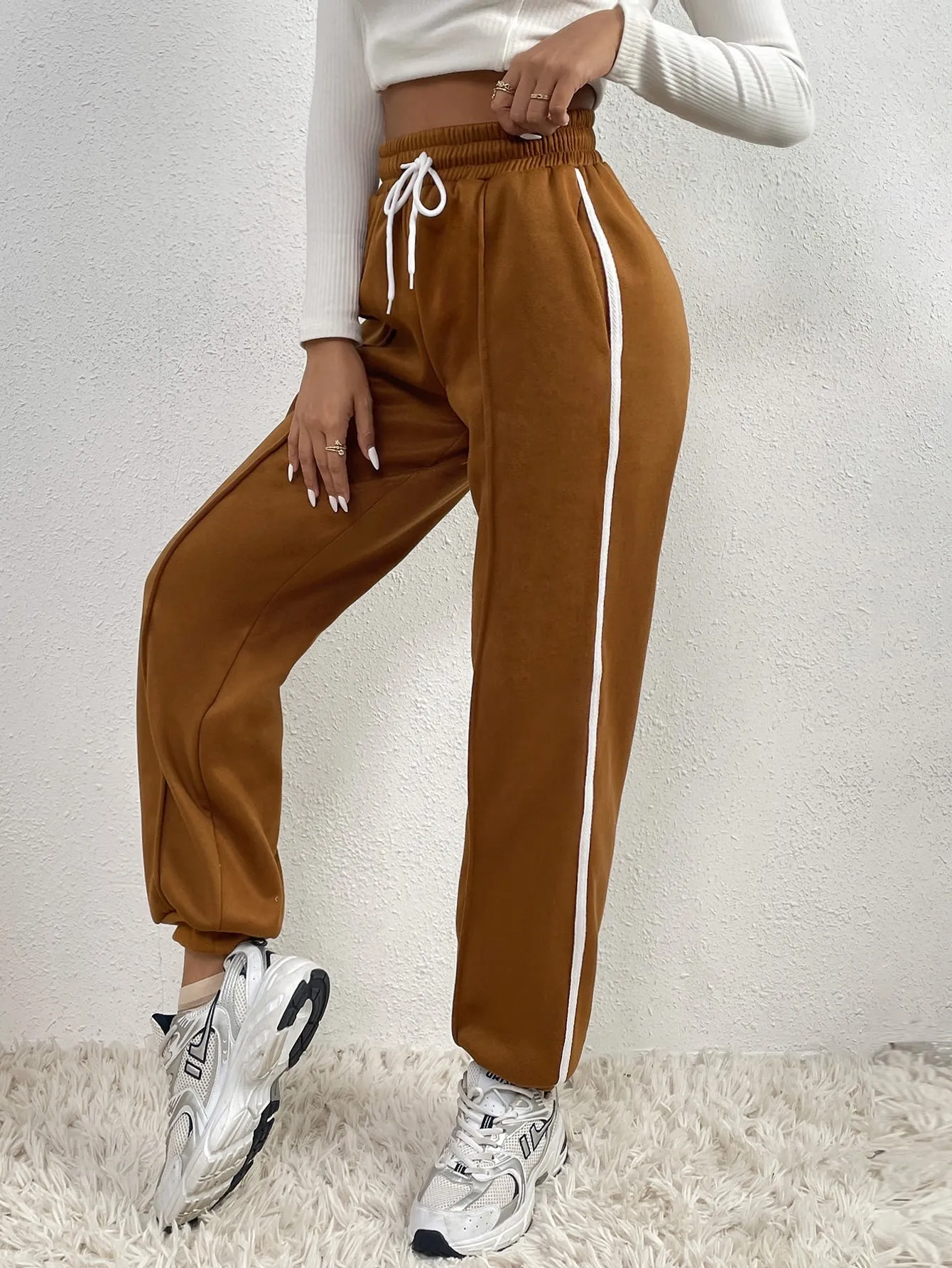 Plain Drawstring High Waist Cropped Women Sweatpants