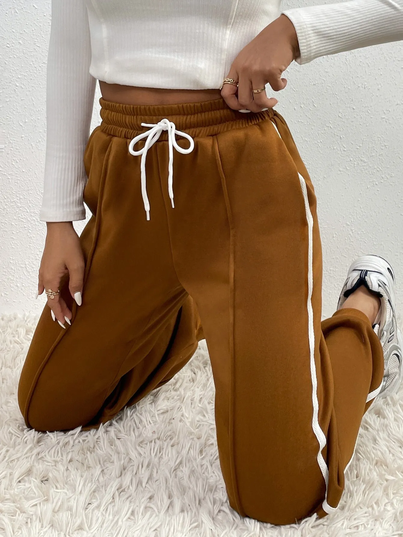 Plain Drawstring High Waist Cropped Women Sweatpants