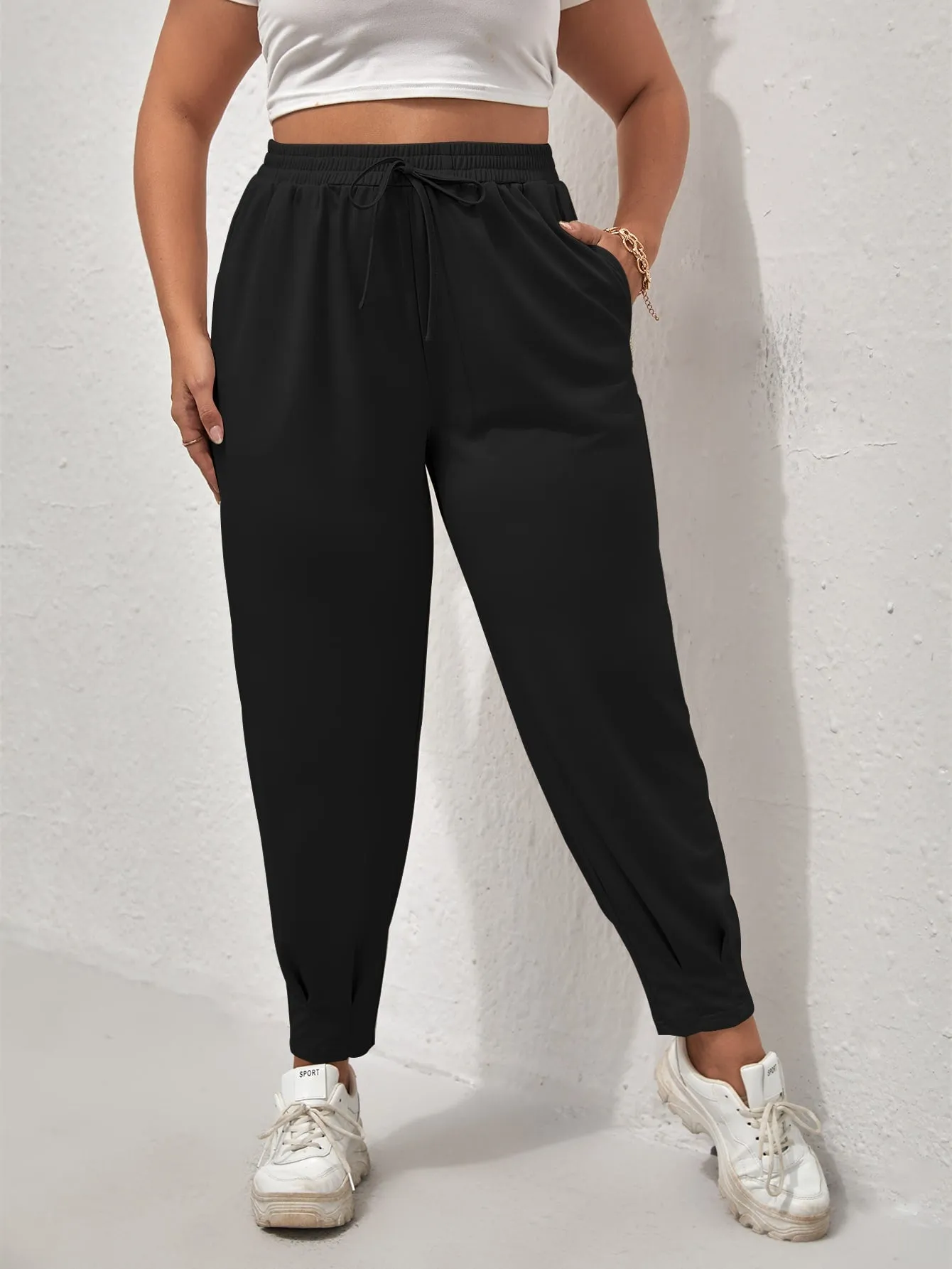 Plain Knot High Waist Cropped Plus Size Sweatpants