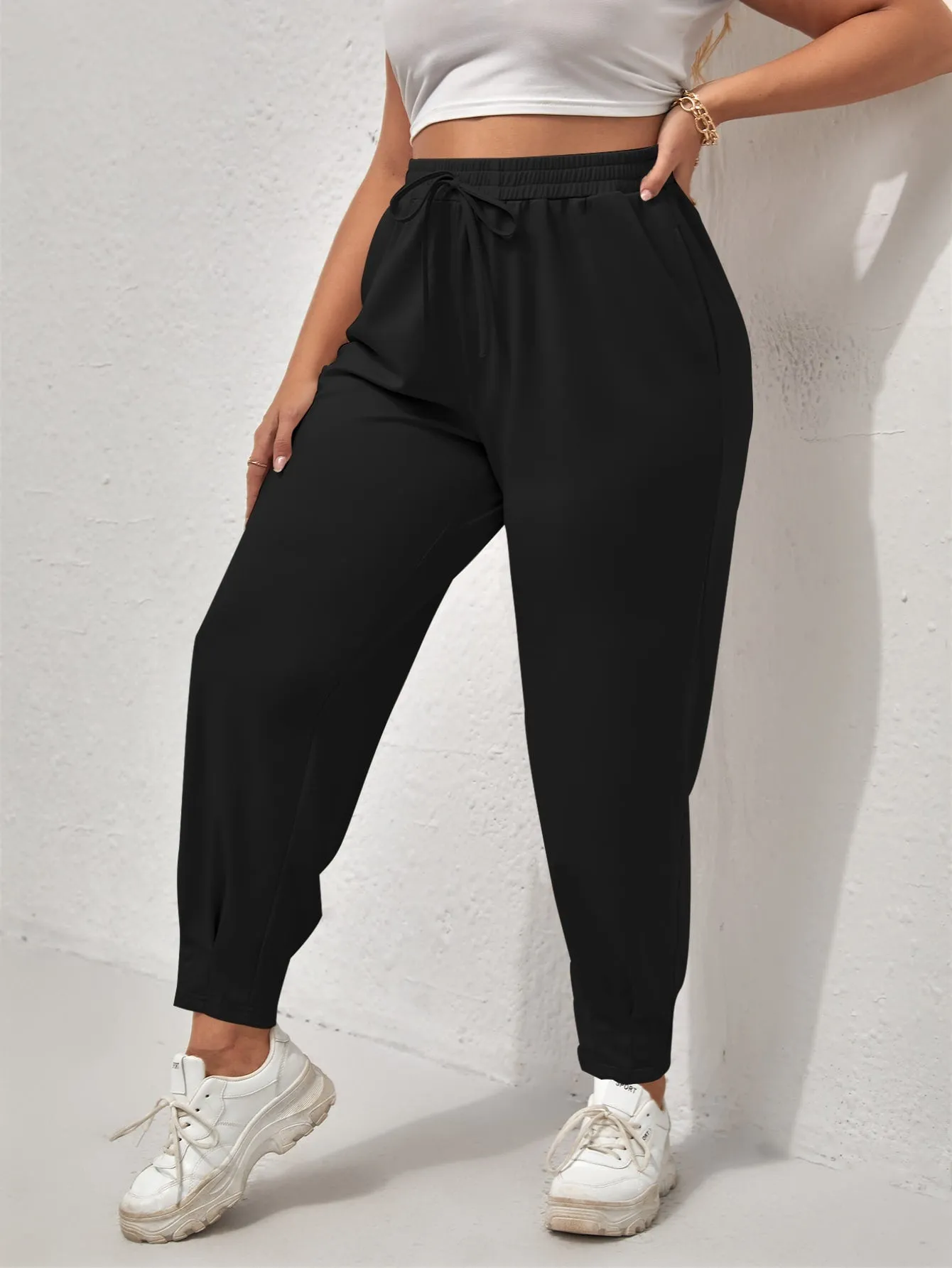 Plain Knot High Waist Cropped Plus Size Sweatpants