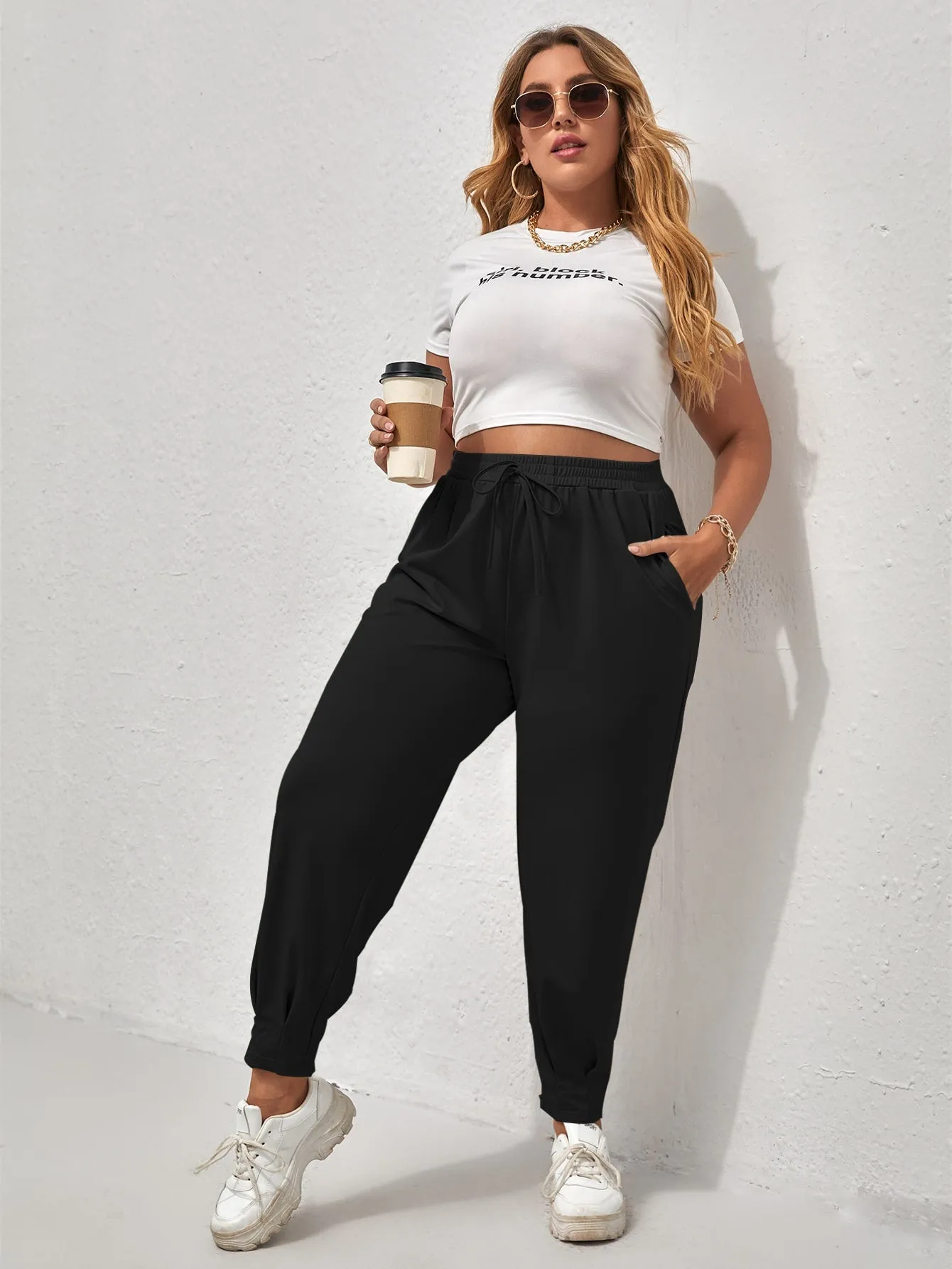 Plain Knot High Waist Cropped Plus Size Sweatpants