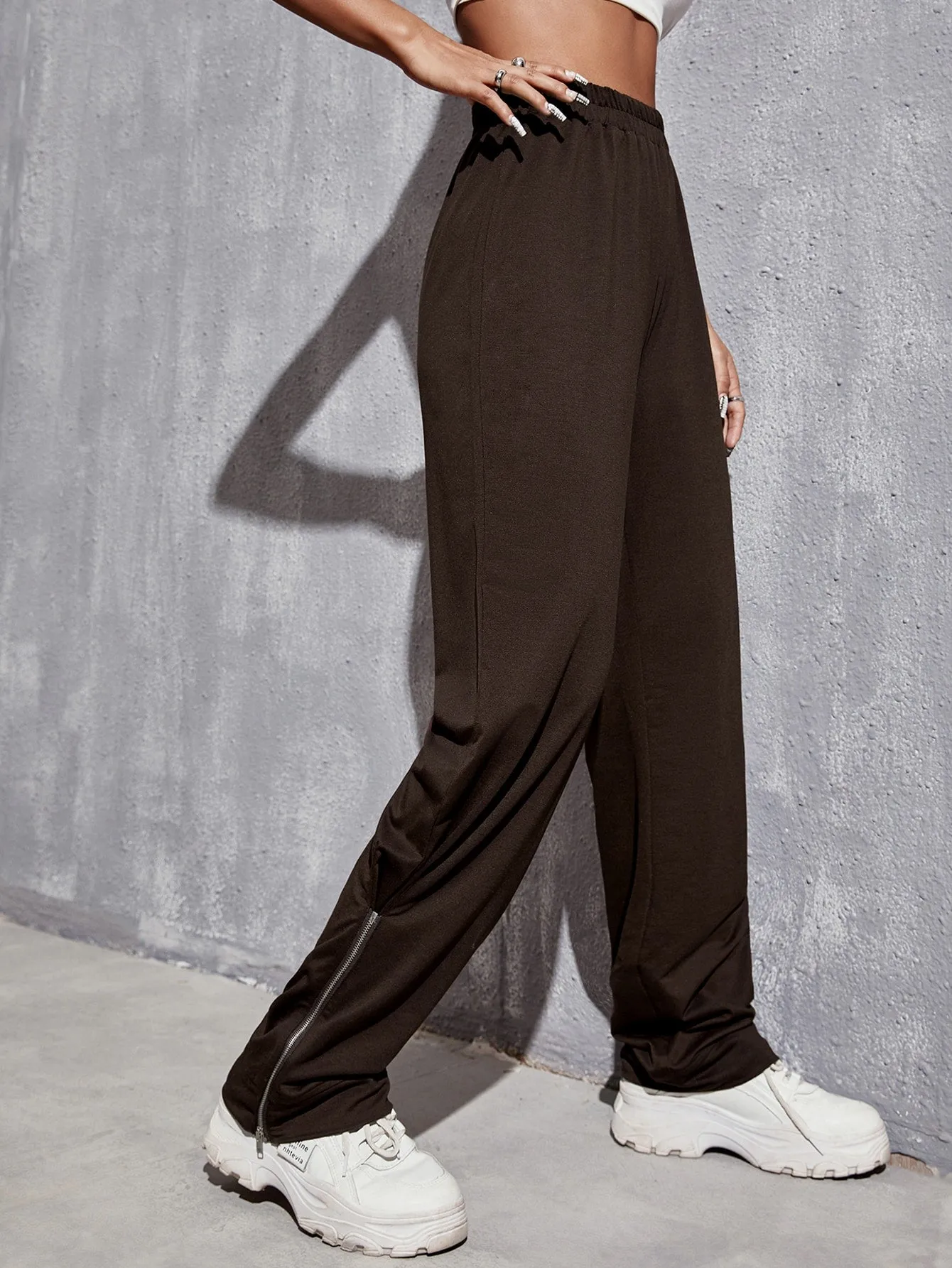Plain Zipper High Waist Long Women Sweatpants