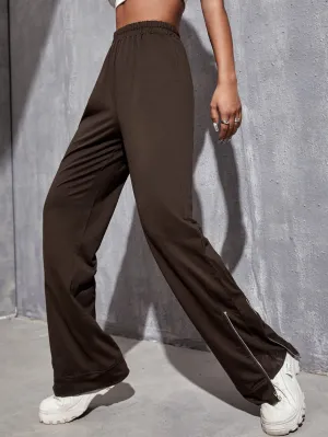 Plain Zipper High Waist Long Women Sweatpants