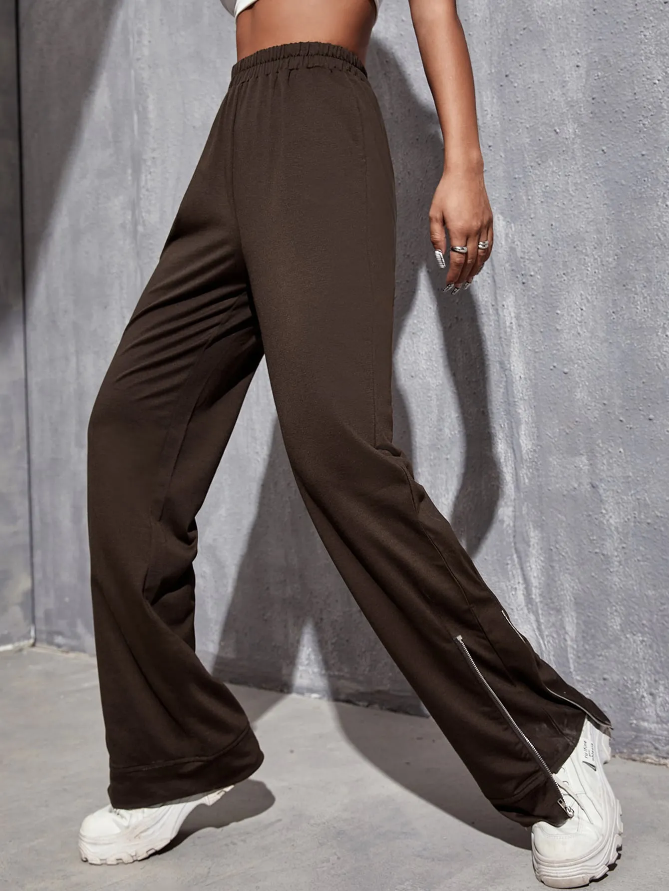Plain Zipper High Waist Long Women Sweatpants