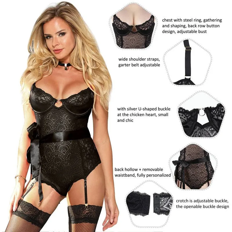 Plus Size Black Elegant Lace Garter Bodysuit with Silk Belt
